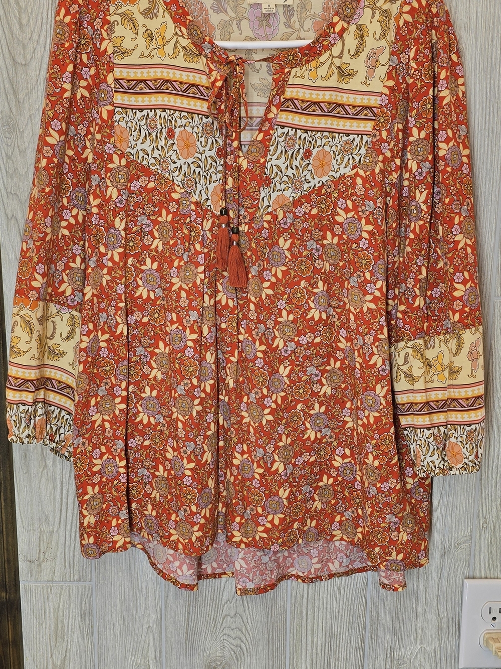 Jane and Delancey Red-Orange Floral Peasant Tunic with Cream Panels